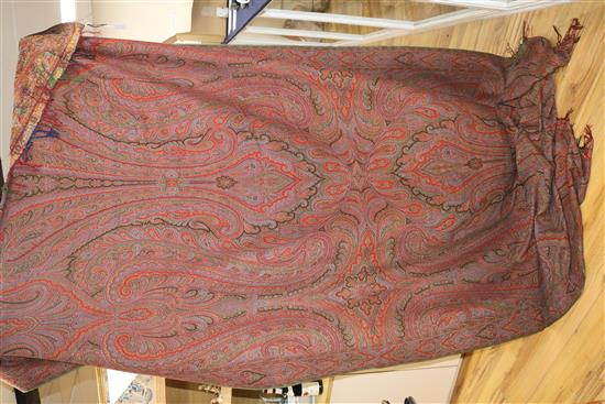 A 19th century Paisley shawl, another small shawl and a block printed Indian cotton cover